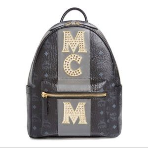 MCM Stark studs stripe canvas black backpack